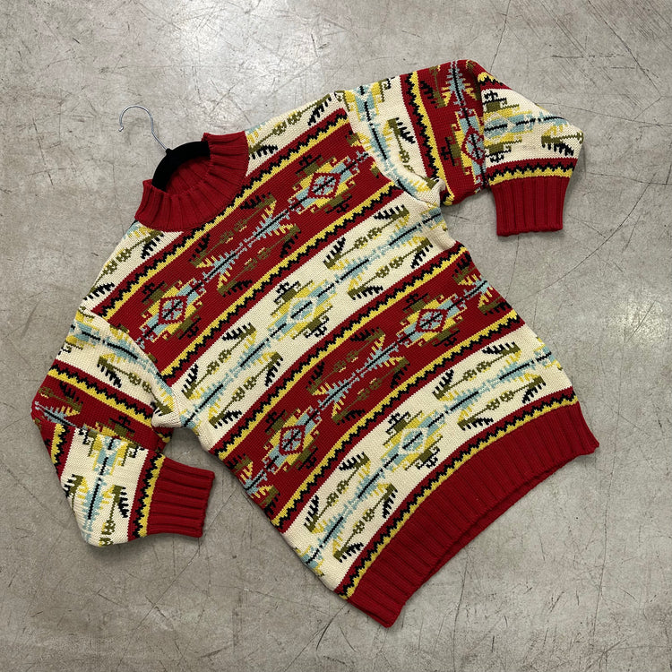 ROTER HANDGEFERTIGTER MEHRFARBIGER PULLOVER