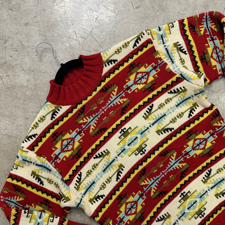 ROTER HANDGEFERTIGTER MEHRFARBIGER PULLOVER