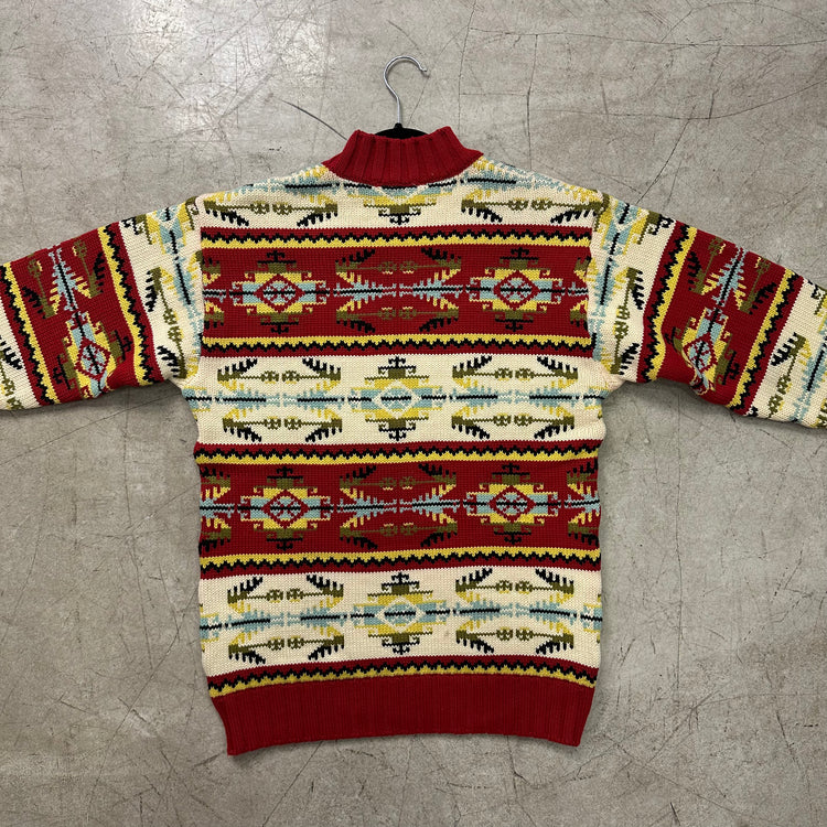ROTER HANDGEFERTIGTER MEHRFARBIGER PULLOVER